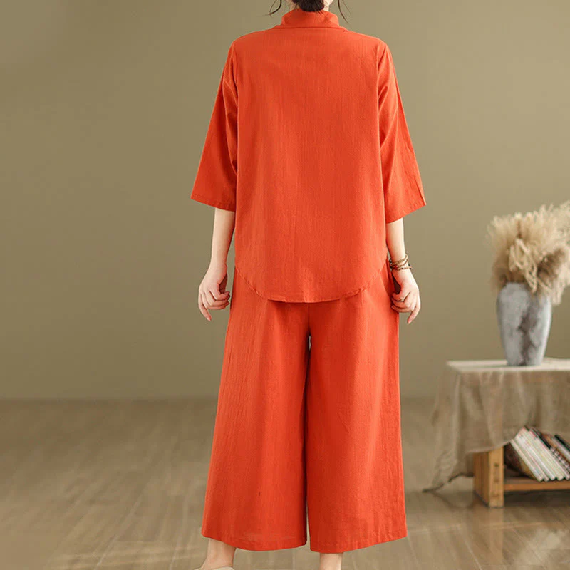 Set di abbigliamento da meditazione casual da donna con camicia e pantaloni larghi e colletto rialzato Buddha Stones 2 pezzi - Image 12
