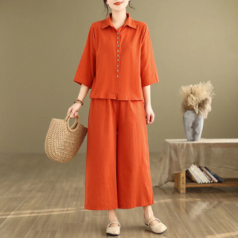 Set di abbigliamento da meditazione casual da donna con camicia e pantaloni larghi e colletto rialzato Buddha Stones 2 pezzi - Image 15