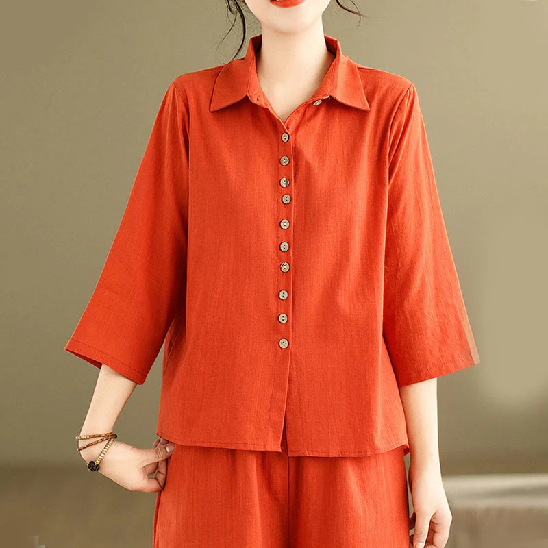 Set di abbigliamento da meditazione casual da donna con camicia e pantaloni larghi e colletto rialzato Buddha Stones 2 pezzi - Image 16