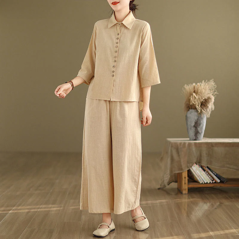 Set di abbigliamento da meditazione casual da donna con camicia e pantaloni larghi e colletto rialzato Buddha Stones 2 pezzi - Image 2