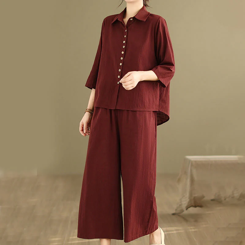 Set di abbigliamento da meditazione casual da donna con camicia e pantaloni larghi e colletto rialzato Buddha Stones 2 pezzi - Image 24