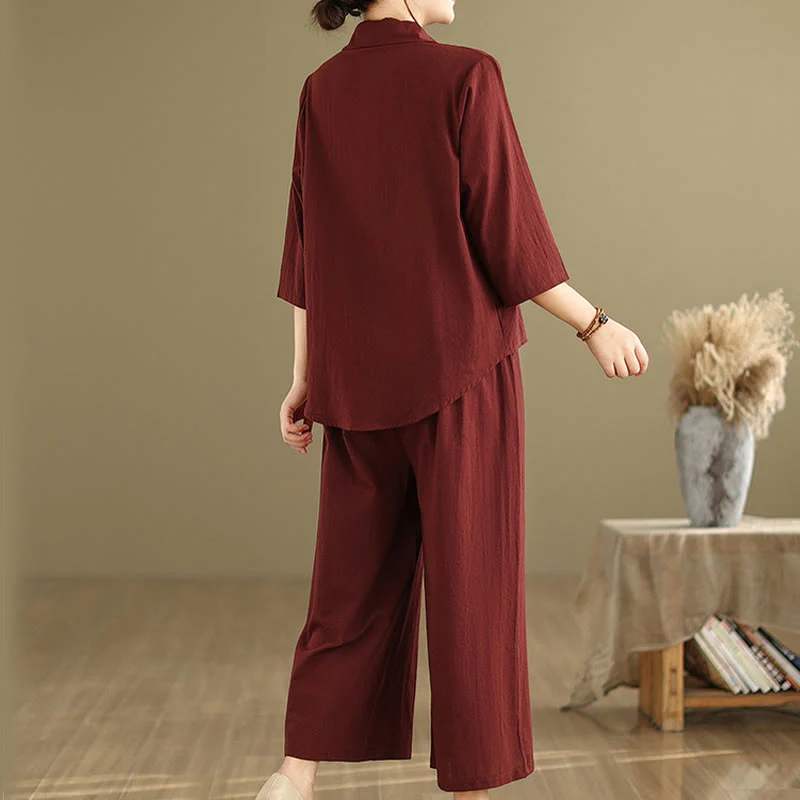 Set di abbigliamento da meditazione casual da donna con camicia e pantaloni larghi e colletto rialzato Buddha Stones 2 pezzi - Image 25