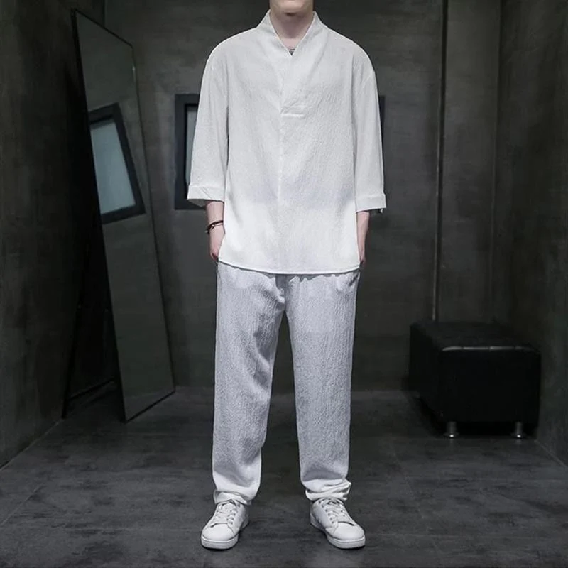 Set di pantaloni casual da uomo con scollo a V e maniche a tre quarti, tinta unita, motivo Buddha Stones