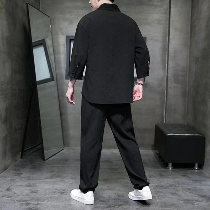 Set di pantaloni casual da uomo con scollo a V e maniche a tre quarti, tinta unita, motivo Buddha Stones - Image 10