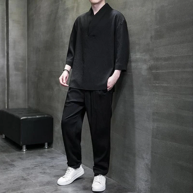Set di pantaloni casual da uomo con scollo a V e maniche a tre quarti, tinta unita, motivo Buddha Stones - Image 11