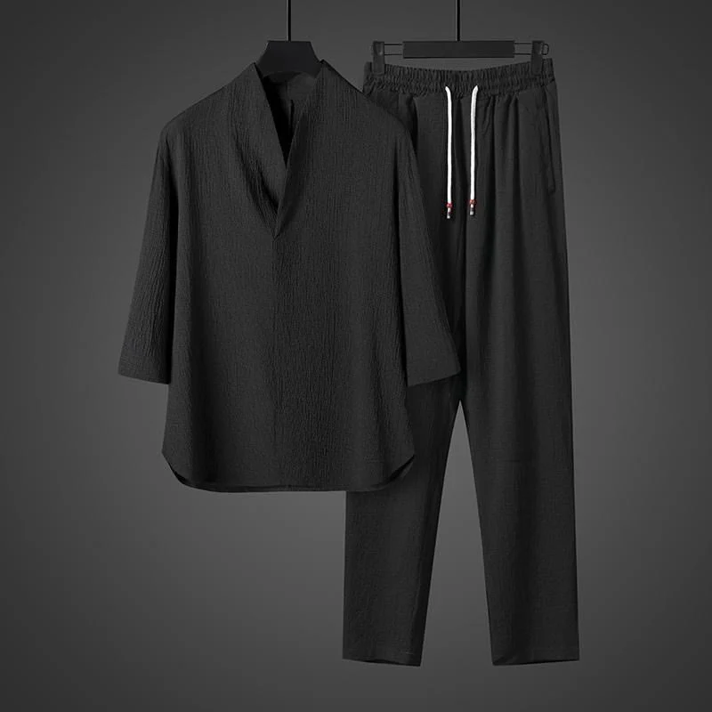 Set di pantaloni casual da uomo con scollo a V e maniche a tre quarti, tinta unita, motivo Buddha Stones - Image 12