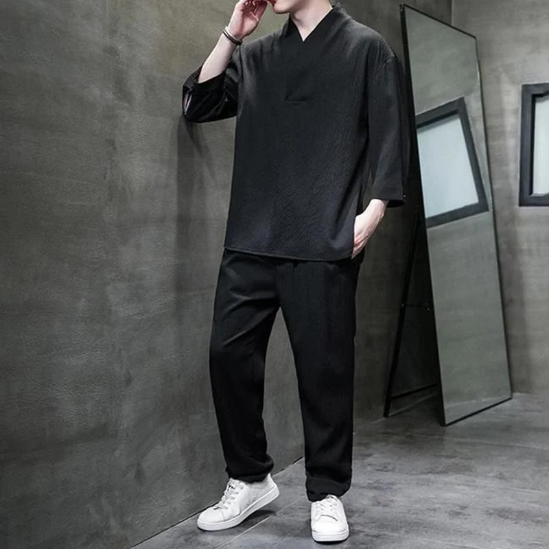 Set di pantaloni casual da uomo con scollo a V e maniche a tre quarti, tinta unita, motivo Buddha Stones - Image 17