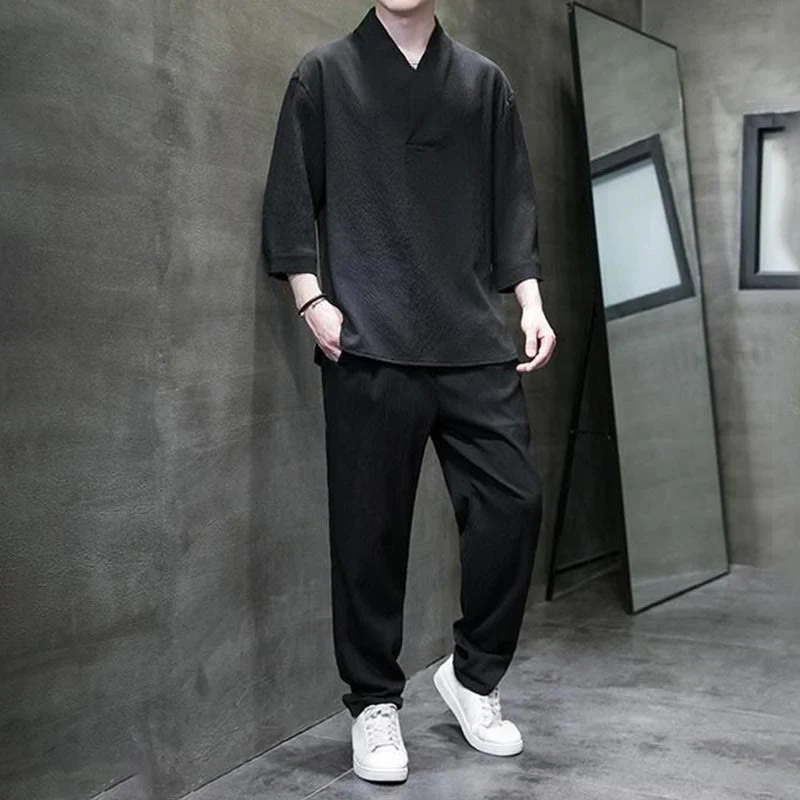 Set di pantaloni casual da uomo con scollo a V e maniche a tre quarti, tinta unita, motivo Buddha Stones - Image 18
