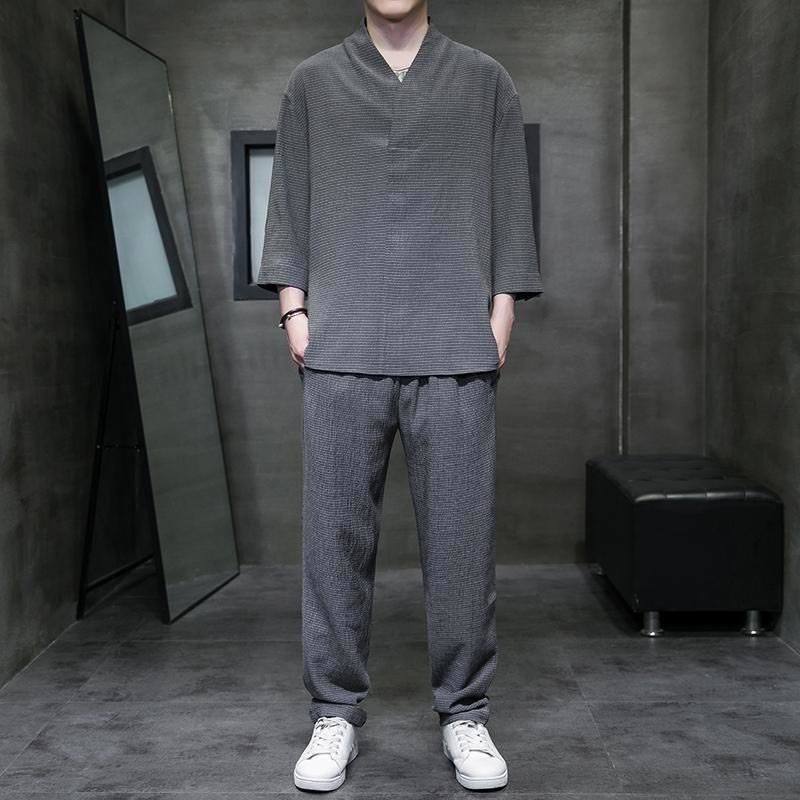 Set di pantaloni casual da uomo con scollo a V e maniche a tre quarti, tinta unita, motivo Buddha Stones - Image 19