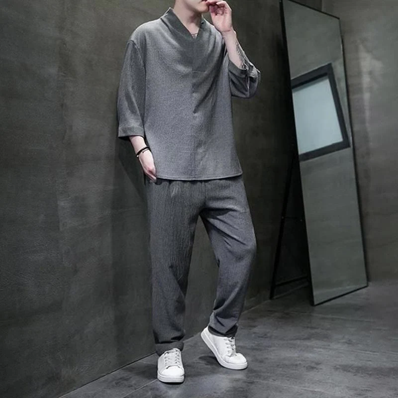 Set di pantaloni casual da uomo con scollo a V e maniche a tre quarti, tinta unita, motivo Buddha Stones - Image 21
