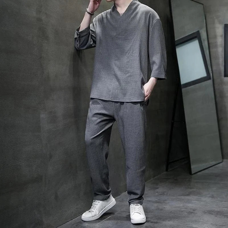 Set di pantaloni casual da uomo con scollo a V e maniche a tre quarti, tinta unita, motivo Buddha Stones - Image 22