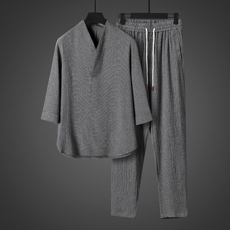 Set di pantaloni casual da uomo con scollo a V e maniche a tre quarti, tinta unita, motivo Buddha Stones - Image 24