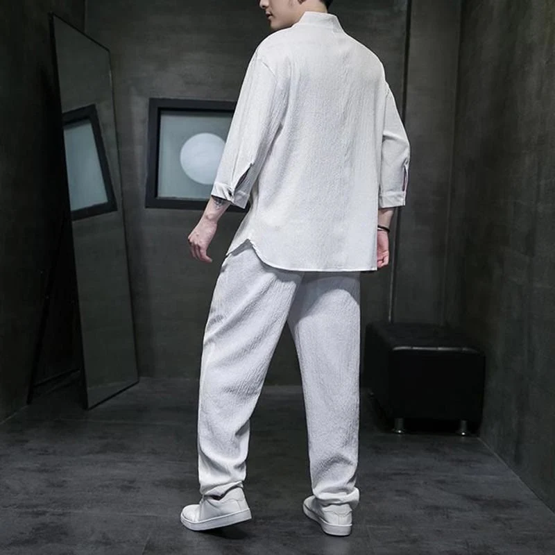 Set di pantaloni casual da uomo con scollo a V e maniche a tre quarti, tinta unita, motivo Buddha Stones - Image 3