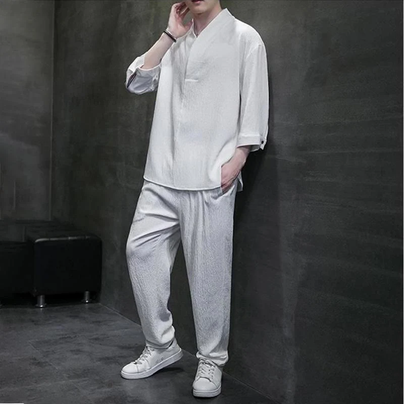Set di pantaloni casual da uomo con scollo a V e maniche a tre quarti, tinta unita, motivo Buddha Stones - Image 4