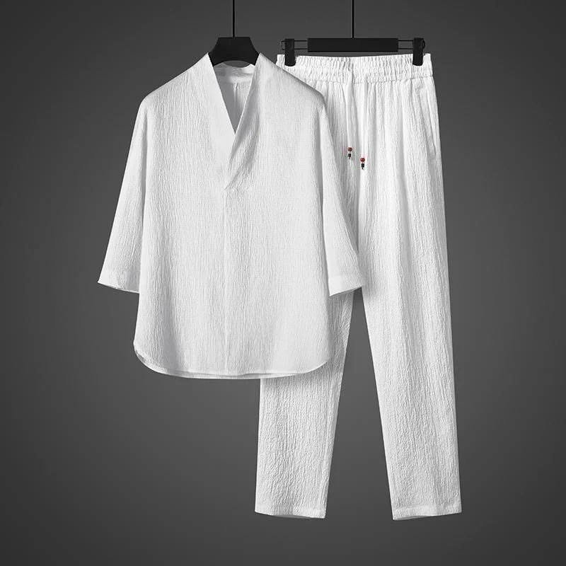Set di pantaloni casual da uomo con scollo a V e maniche a tre quarti, tinta unita, motivo Buddha Stones - Image 5