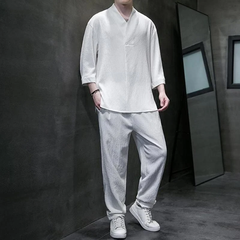 Set di pantaloni casual da uomo con scollo a V e maniche a tre quarti, tinta unita, motivo Buddha Stones - Image 6