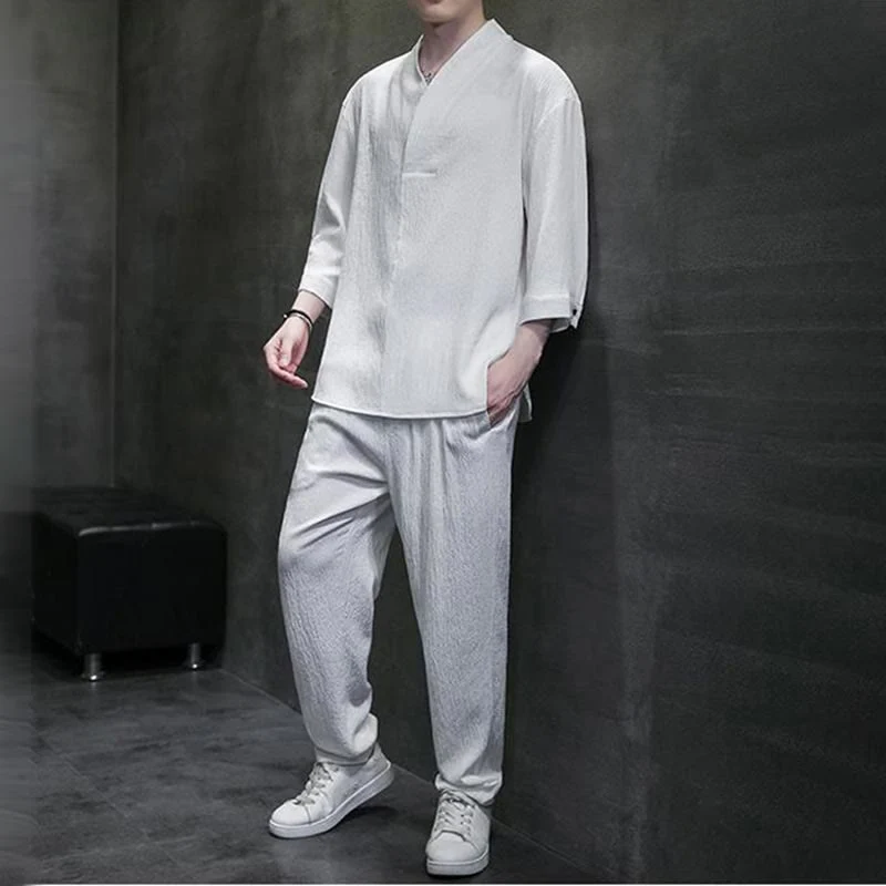 Set di pantaloni casual da uomo con scollo a V e maniche a tre quarti, tinta unita, motivo Buddha Stones - Image 7