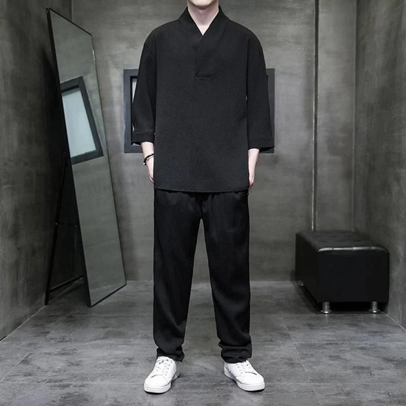 Set di pantaloni casual da uomo con scollo a V e maniche a tre quarti, tinta unita, motivo Buddha Stones - Image 8