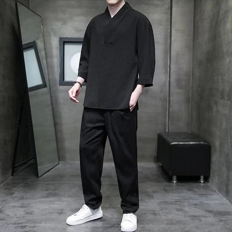 Set di pantaloni casual da uomo con scollo a V e maniche a tre quarti, tinta unita, motivo Buddha Stones - Image 9