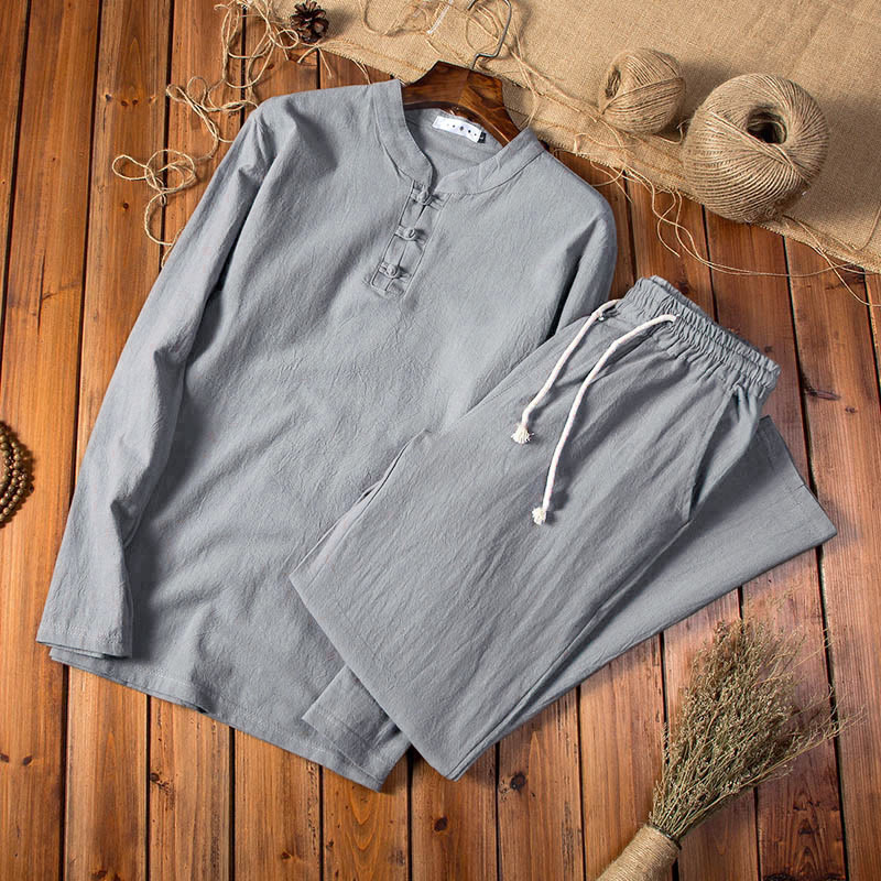 Set di abbigliamento da uomo con pantaloni e top a maniche lunghe color puro Buddha Stones - Image 8