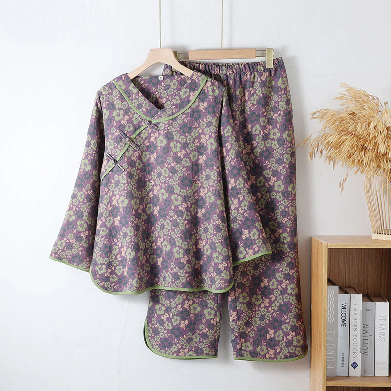 Set pigiama in cotone con scollo rotondo, manica lunga, pantaloni e camicia con bottoni a rana, motivo floreale, 2 pezzi , Buddha Stones