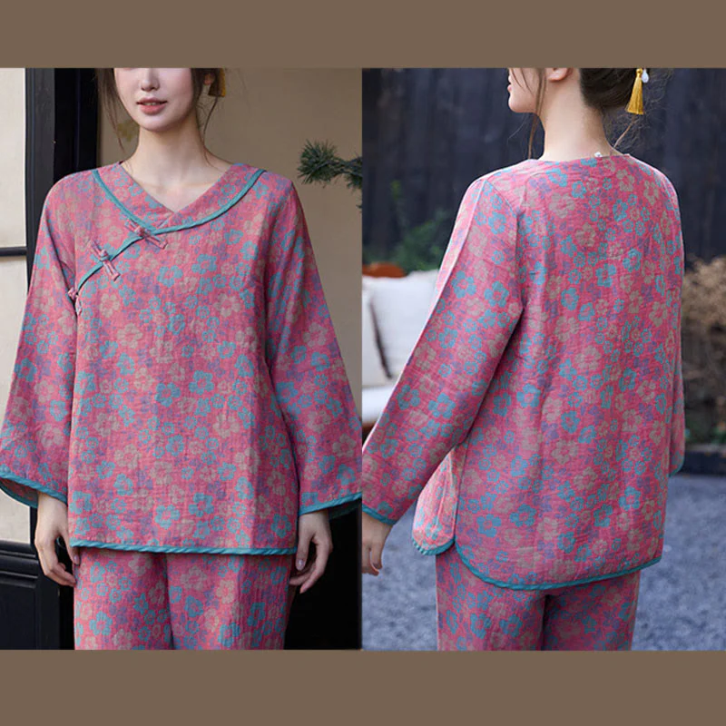 Set pigiama in cotone con scollo rotondo, manica lunga, pantaloni e camicia con bottoni a rana, motivo floreale, 2 pezzi , Buddha Stones - Image 10