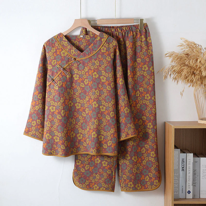 Set pigiama in cotone con scollo rotondo, manica lunga, pantaloni e camicia con bottoni a rana, motivo floreale, 2 pezzi , Buddha Stones - Image 12