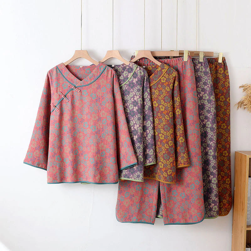 Set pigiama in cotone con scollo rotondo, manica lunga, pantaloni e camicia con bottoni a rana, motivo floreale, 2 pezzi , Buddha Stones - Image 13