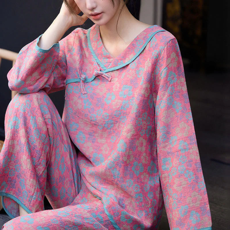 Set pigiama in cotone con scollo rotondo, manica lunga, pantaloni e camicia con bottoni a rana, motivo floreale, 2 pezzi , Buddha Stones - Image 8