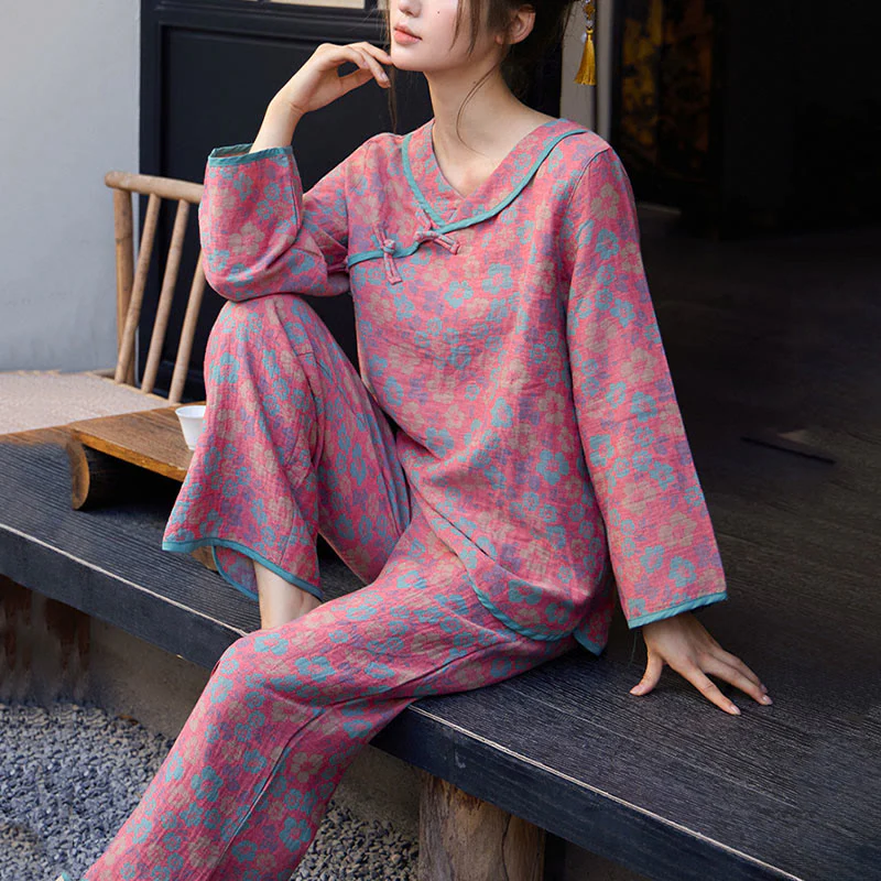 Set pigiama in cotone con scollo rotondo, manica lunga, pantaloni e camicia con bottoni a rana, motivo floreale, 2 pezzi , Buddha Stones - Image 9