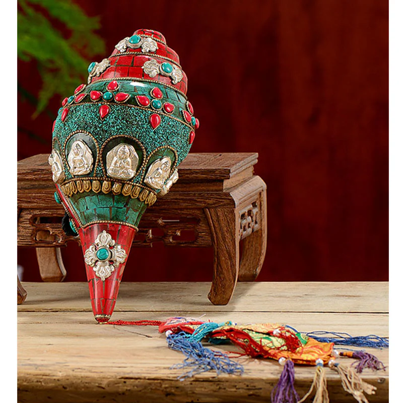 Shankha tibetano fatto a mano Om Mani Padme Hum Buddha Avalokitesvara Turchese Conchiglia Decorazione positiva - Image 13