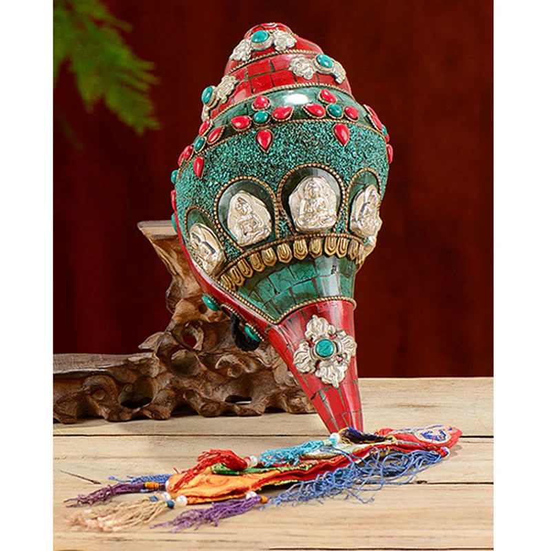 Shankha tibetano fatto a mano Om Mani Padme Hum Buddha Avalokitesvara Turchese Conchiglia Decorazione positiva - Image 14