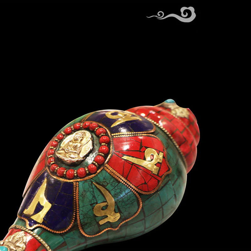 Shankha tibetano fatto a mano Om Mani Padme Hum Buddha Conch Shell Decorazione fortunata - Image 7