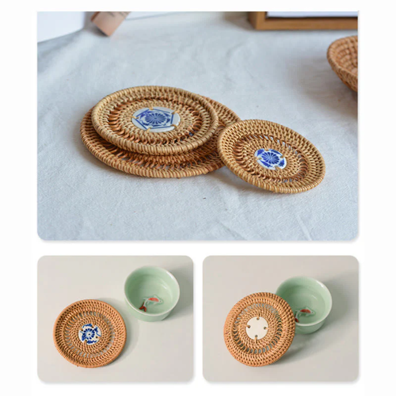 Sottobicchiere per tazza da tè in rattan con motivo floreale in ceramica - Image 6