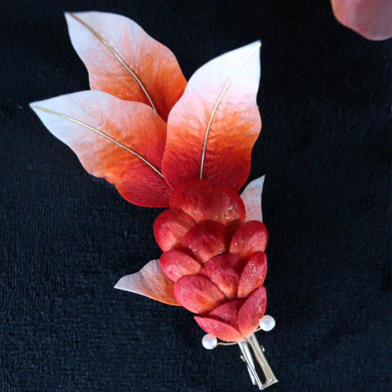 Spilla per capelli con foglie di pesce koi rosso in seta di gelso, fatta a mano, con Buddha Stones , Yangzhou, fiore di velluto - Image 11