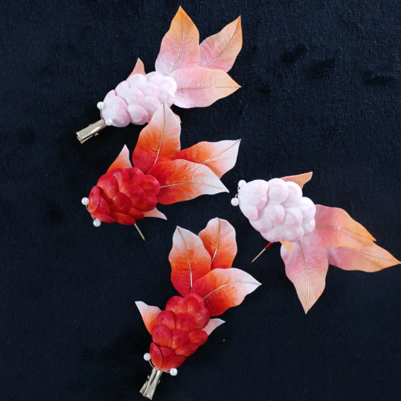Spilla per capelli con foglie di pesce koi rosso in seta di gelso, fatta a mano, con Buddha Stones , Yangzhou, fiore di velluto - Image 15