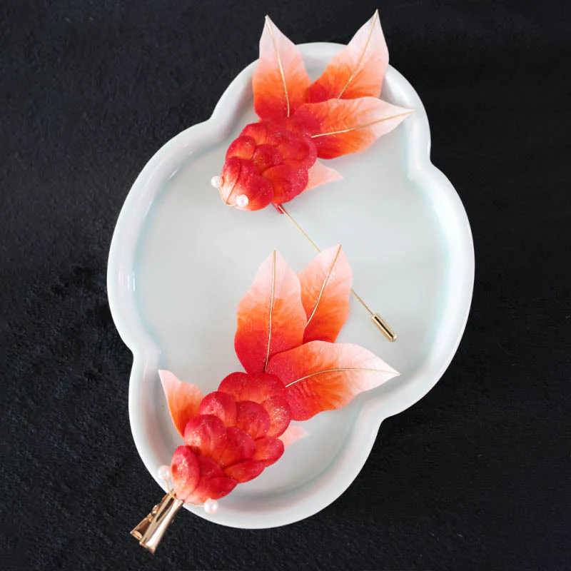 Spilla per capelli con foglie di pesce koi rosso in seta di gelso, fatta a mano, con Buddha Stones , Yangzhou, fiore di velluto - Image 16