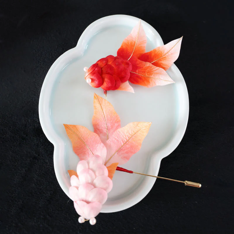 Spilla per capelli con foglie di pesce koi rosso in seta di gelso, fatta a mano, con Buddha Stones , Yangzhou, fiore di velluto - Image 18