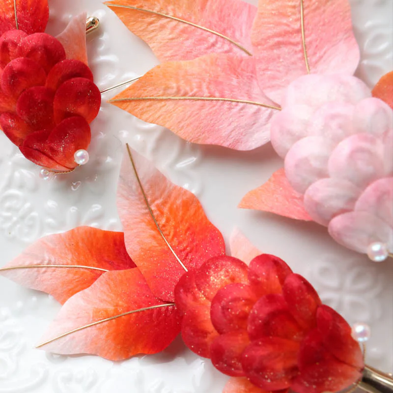 Spilla per capelli con foglie di pesce koi rosso in seta di gelso, fatta a mano, con Buddha Stones , Yangzhou, fiore di velluto - Image 9