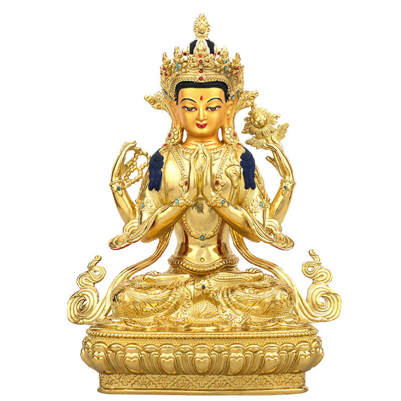 Statua di protezione di Avalokitesvara a quattro braccia di Chenrezig, placcata in oro e rame
