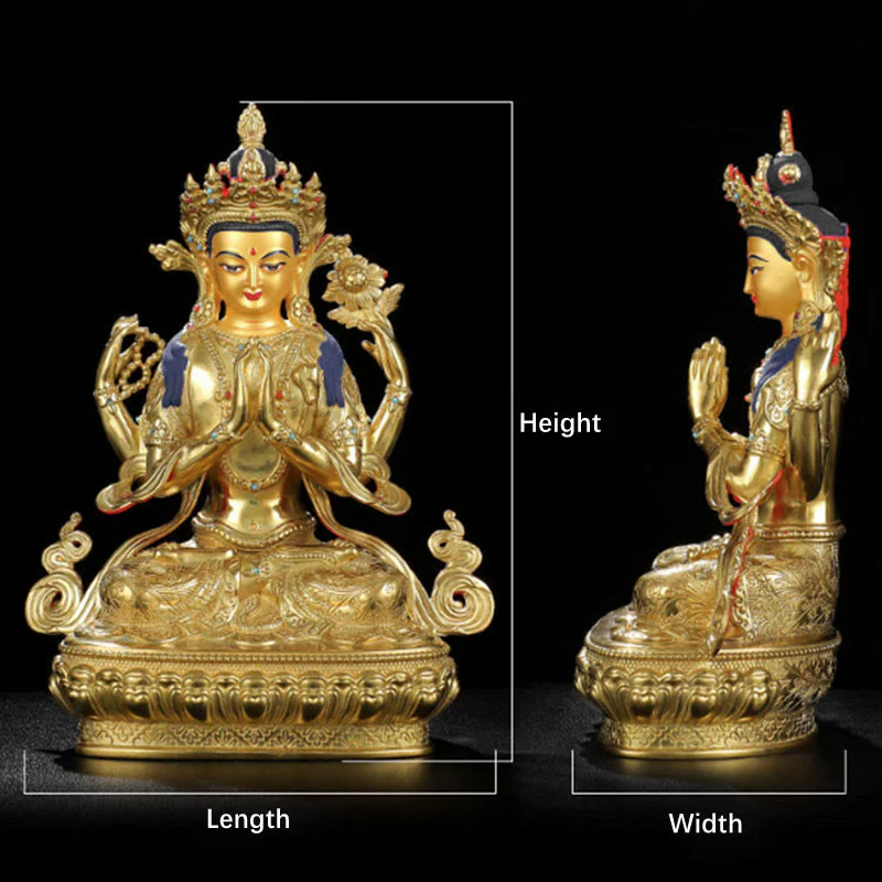 Statua di protezione di Avalokitesvara a quattro braccia di Chenrezig, placcata in oro e rame - Image 14