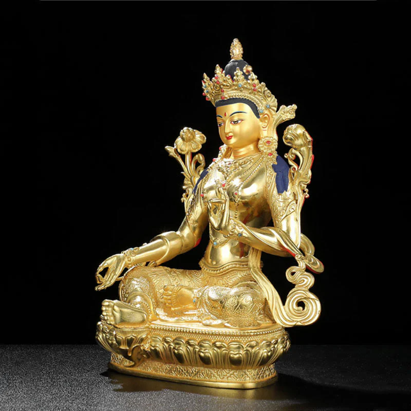 Statua di protezione di Avalokitesvara a quattro braccia di Chenrezig, placcata in oro e rame - Image 6