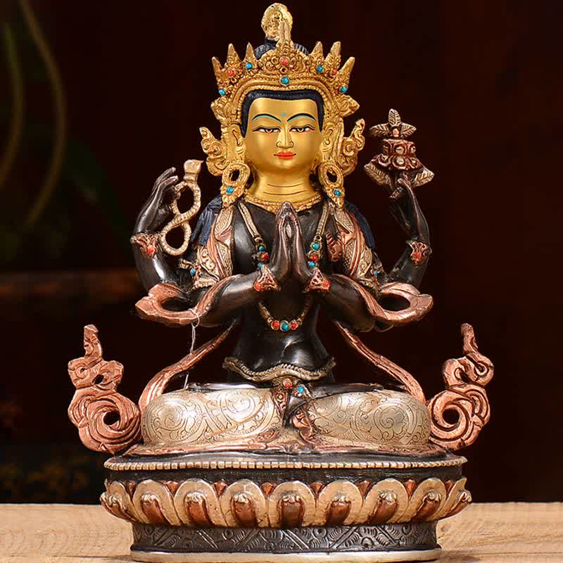 Statua di rame di protezione di Avalokitesvara a quattro braccia del Bodhisattva Chenrezig Decorazione - Image 3
