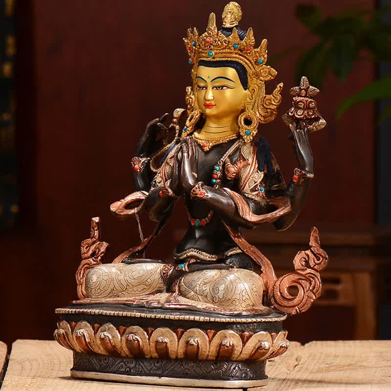 Statua di rame di protezione di Avalokitesvara a quattro braccia del Bodhisattva Chenrezig Decorazione - Image 4