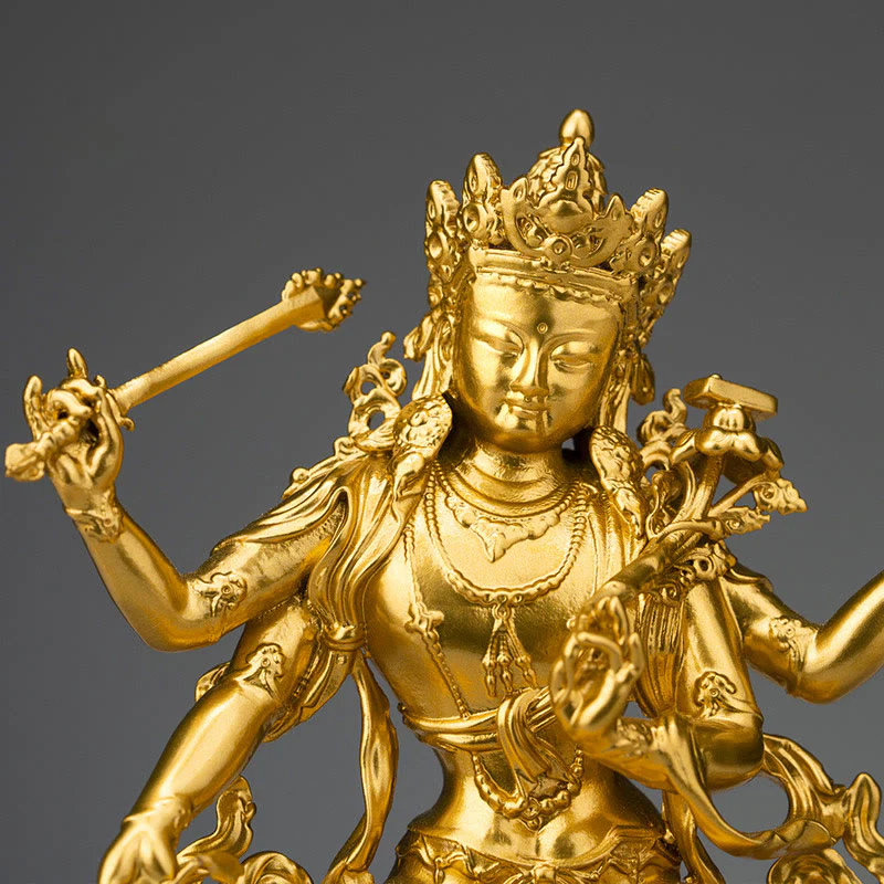 Statua in rame della compassione e serenità del Bodhisattva Manjusri a quattro braccia, statuetta in oro, decorazione per la casa - Image 12