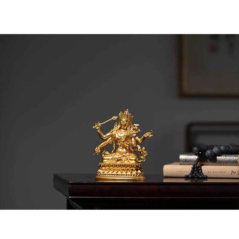 Statua in rame della compassione e serenità del Bodhisattva Manjusri a quattro braccia, statuetta in oro, decorazione per la casa - Image 14