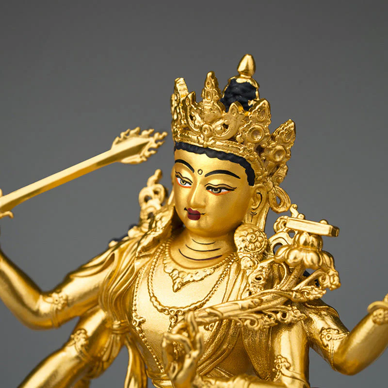 Statua in rame della compassione e serenità del Bodhisattva Manjusri a quattro braccia, statuetta in oro, decorazione per la casa - Image 2