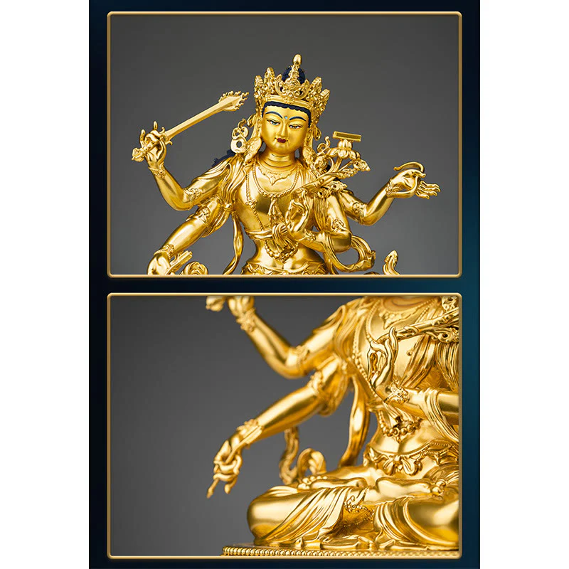 Statua in rame della compassione e serenità del Bodhisattva Manjusri a quattro braccia, statuetta in oro, decorazione per la casa - Image 5