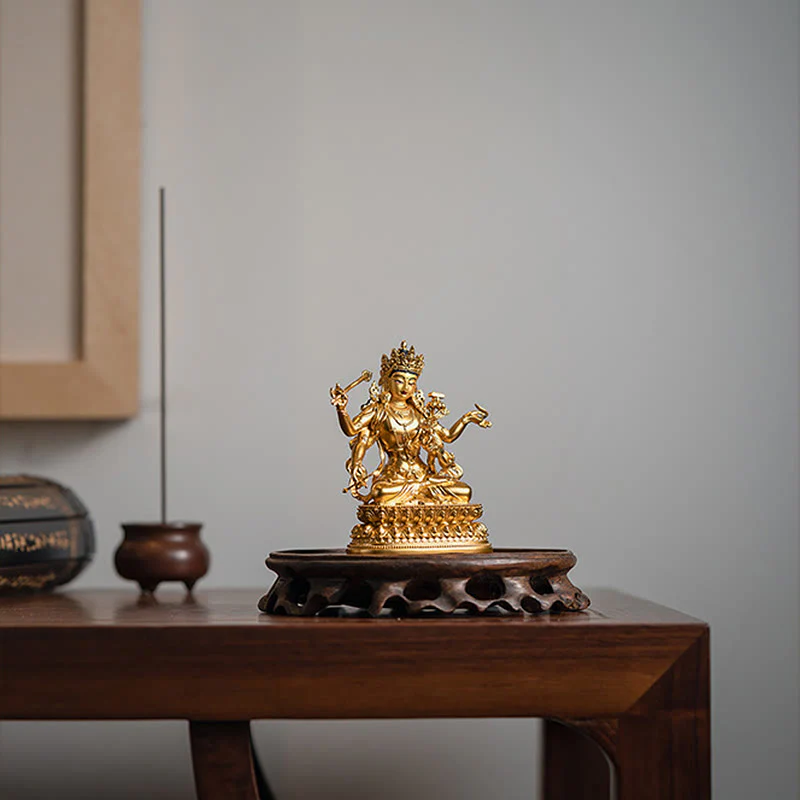 Statua in rame della compassione e serenità del Bodhisattva Manjusri a quattro braccia, statuetta in oro, decorazione per la casa - Image 7