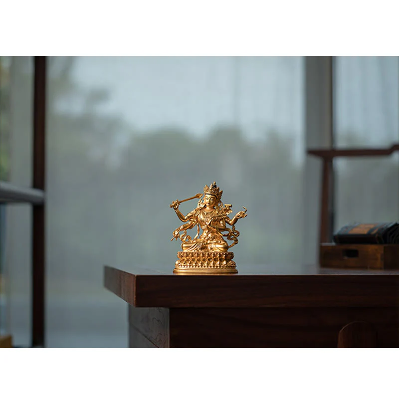 Statua in rame della compassione e serenità del Bodhisattva Manjusri a quattro braccia, statuetta in oro, decorazione per la casa - Image 8